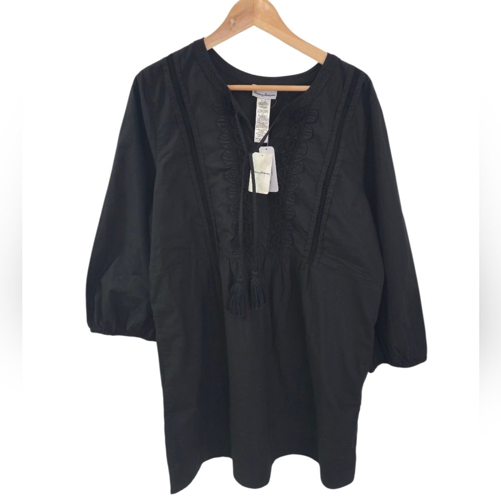 NWT Tommy Bahama Salina Key Split Neck Embroidered Black Tassel Dress Size XL